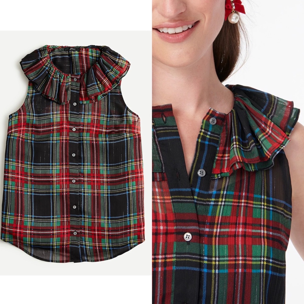 NWT J.Crew Metallic Plaid Ruffle Neck Blouse Sz M